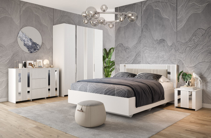 Кровать полутороспальная 140х200 "Харди" с зеркальными вставками - Белый текстурный/Ясень белый