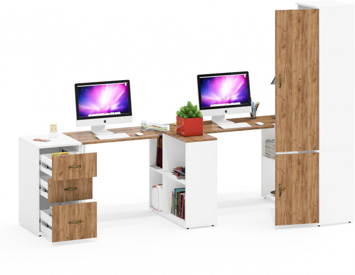 Лидер-8 Стол + Стол + Пенал МД 22Б + Тумба МД 3.16, цвет белый шагрень/крафт золото, ШхГхВ 410х50/37,5х75/190 или 270х120/50х75/190 см., НЕ ун. сб.