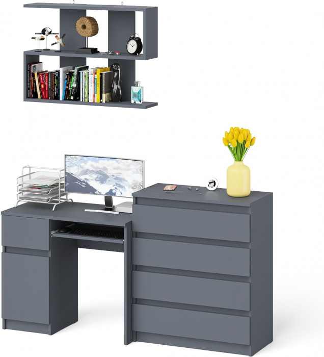 Мори Стол компьютерный МС-1 левый + Комод МК800.4 + Полка 900, цвет графит, ШхГхВ 170,4х50х209,6 см., НЕ универсальная сборка