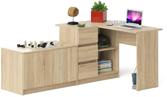 Мори Стол компьютерный МС-16 левый + Тумба МА900.1, цвет дуб сонома, ШхГхВ 214,8х84,9х76,6 см., выдвижные ящики слева, НЕ универсальная сборка