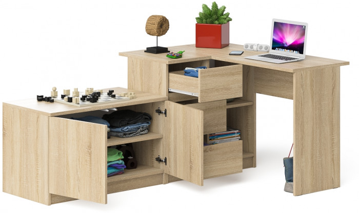 Мори Стол компьютерный МС-16 левый + Тумба МА900.1, цвет дуб сонома, ШхГхВ 214,8х84,9х76,6 см., выдвижные ящики слева, НЕ универсальная сборка