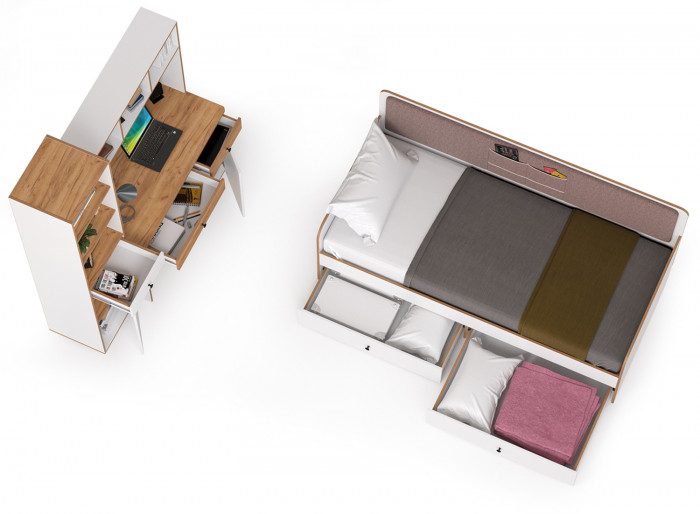 Вуди Компоновка № 37, цвет белый премиум/дуб крафт золотой/саванна латте, сп. м. 900х2000 мм., б/м, основание есть, матрас высотой до 200 мм.