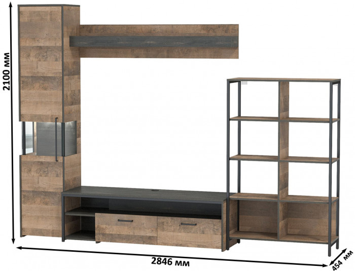 Трувор Гостиная 015, цвет дуб гранж песочный/интра, ШхГхВ 284,6х45,4х210 см., универсальная сборка
