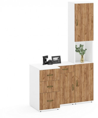 Лидер-8 Пенал + Тумба МД 3.15 + Тумба МД 3.16, цвет белый шагрень/крафт золото, ШхГхВ 120х50х190 см., универсальная сборка