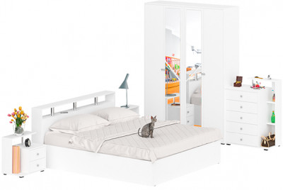 Камелия спальня № 4 Кровать 1800 + Две тумбы + Комод + Шкаф 4-х створчатый, цвет белый, сп.м. 1800х2000 мм., б/м, основание есть