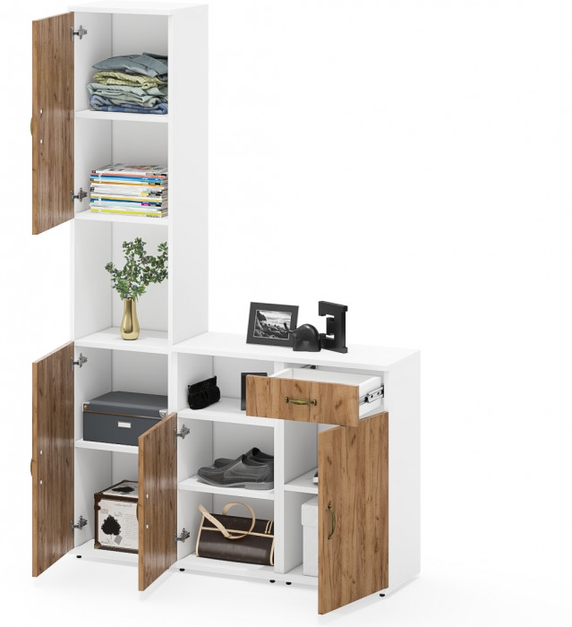 Лидер-8 Пенал + Тумба МД 3.15 + Тумба МД 3.19, цвет белый шагрень/крафт золото, ШхГхВ 120х30х190 см., универсальная сборка