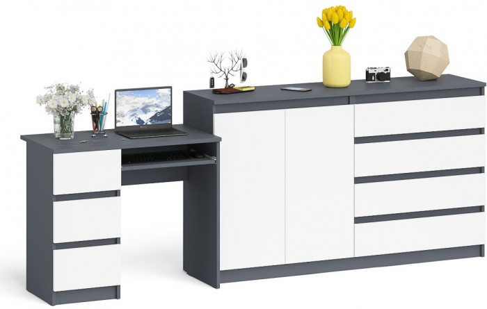 Мори компьютерный стол МС-6 левый + Комод МК1600.1, графит/белый