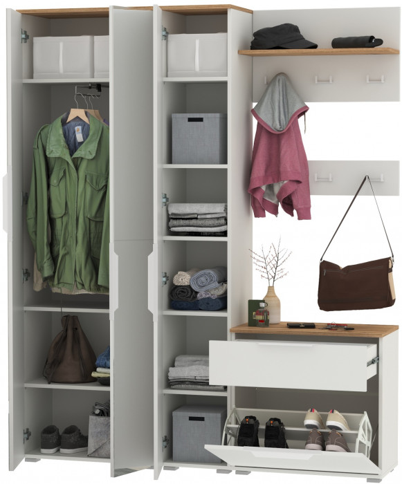 Октава Прихожая 15-123Н, белый шагрень/дуб крафт золотой/фасады МДФ белый шагрень