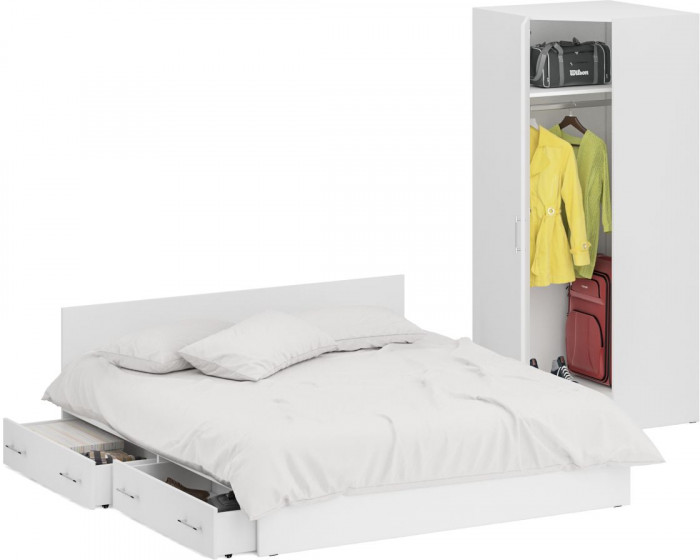 Кровать с ящиками 1800 + угловой шкаф Стандарт, белый