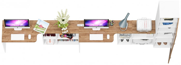 Лидер-8 Стол + Стол + Пенал МД 22Б, цвет белый шагрень/крафт золото, ШхГхВ 370х50/37,5х75/190 или 230х120/50х75/190 см., НЕ универсальная сборка