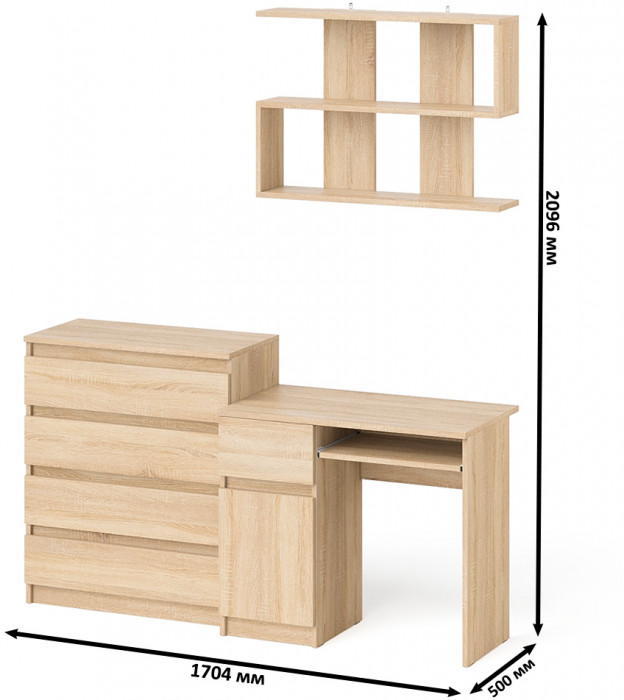 Мори Стол компьютерный МС-1 левый + Комод МК800.4 + Полка 900, цвет дуб сонома, ШхГхВ 170,4х50х209,6 см., НЕ универсальная сборка