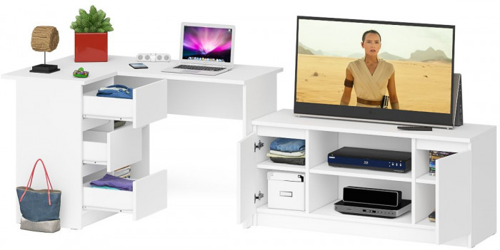 Мори Стол компьютерный МС-16 левый + Тумба МТВ1200.1, цвет белый, ШхГхВ 244,8х84,9х76,6 см., выдвижные ящики слева, НЕ универсальная сборка