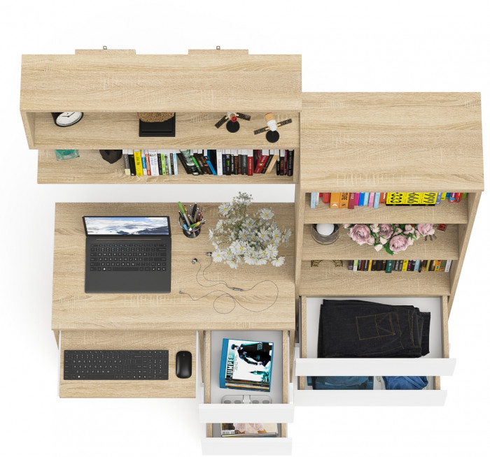 Мори Стол компьютерный МС-6 правый + Стеллаж МСТ600.3 + Полка 900, цвет дуб сонома/белый, ШхГхВ 150,4х50х209,6 см., НЕ универс. сборка