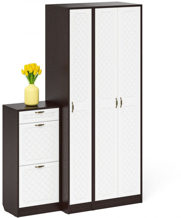 Прихожая П-6 Компоновка № 48, цвет венге/фасады МДФ белое дерево фрезеровка ромб, ШхГхВ 140х50х210 см., универсальная сборка