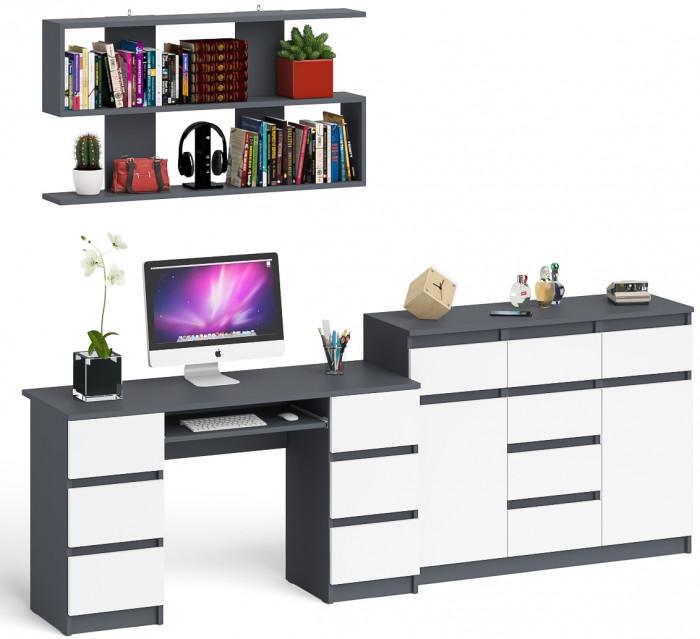 Мори компьютерный стол МС-2 + Комод МК1200.4 + Полка 1200, графит/белый