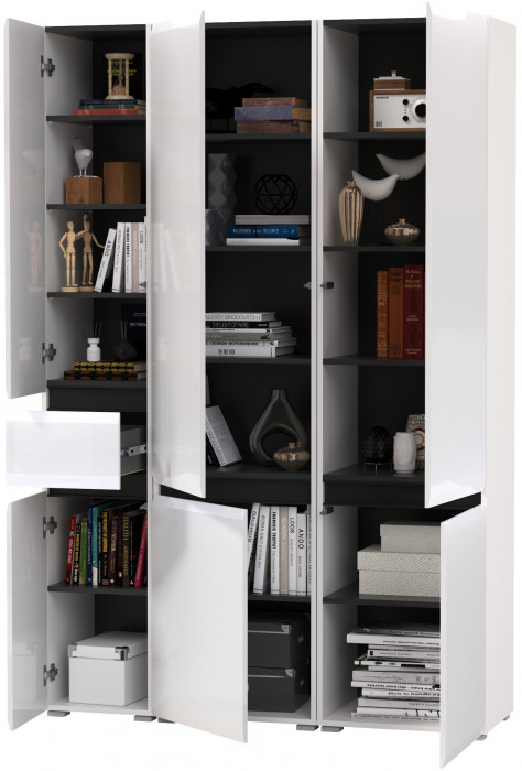 Сидней 13.200 Шкаф 2 штуки + Шкаф с ящиком 13.202, корпус: белый/чёрный/фасады: МДФ белый глянец