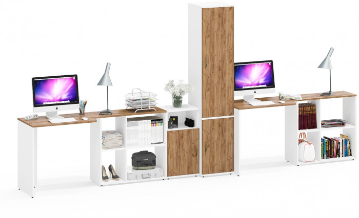 Лидер-8 Стол + Стол + Пенал МД 22Б + Тумба МД 3.19, белый шагрень/крафт золото