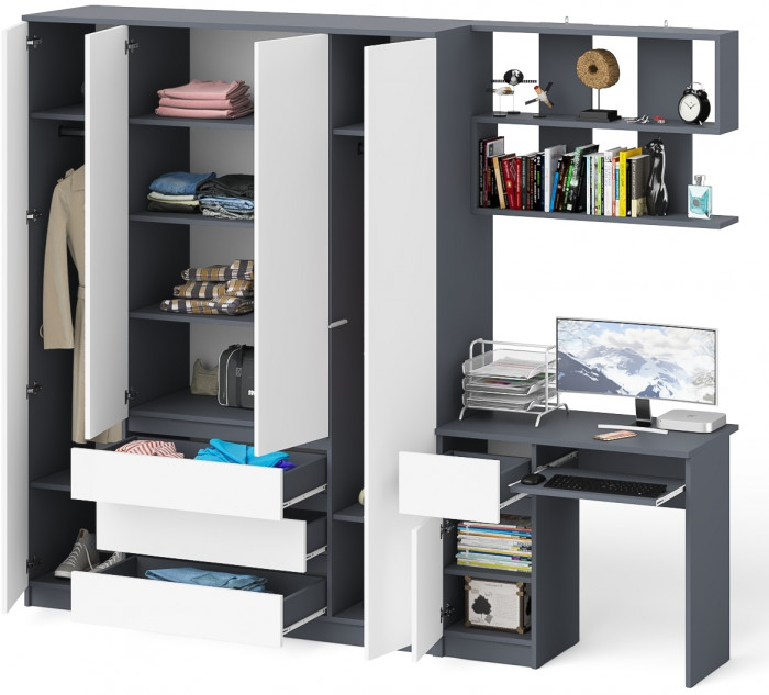 Мори компьютерный стол МС-1 левый + Шкаф МШ1600.1 + Полка 900, графит/белый