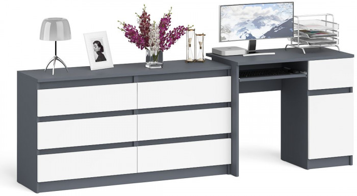 Мори компьютерный стол МС-1 правый + Комод МК1380.6, графит/белый