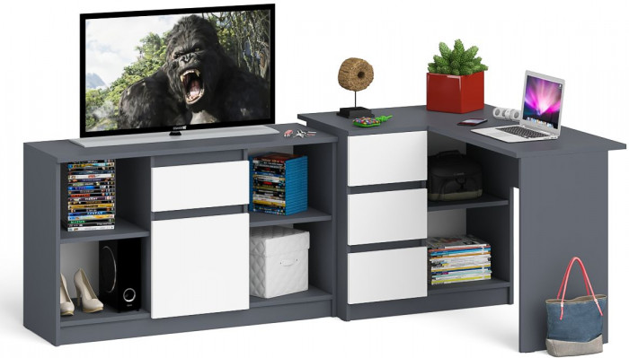 Мори компьютерный стол МС-16 левый + Тумба МТВ1204.1, графит/белый