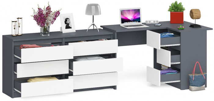 Мори компьютерный стол МС-16 правый + Комод МК1380.6, графит/белый