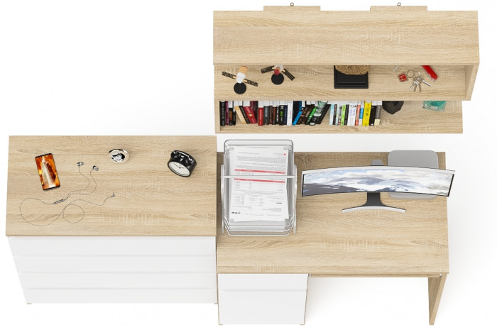 Мори Стол компьютерный МС-1 левый + Комод МК800.4 + Полка 900, цвет дуб сонома/белый, ШхГхВ 170,4х50х209,6 см., НЕ универсальная сборка