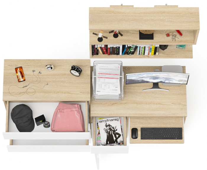 Мори Стол компьютерный МС-1 левый + Комод МК800.4 + Полка 900, цвет дуб сонома/белый, ШхГхВ 170,4х50х209,6 см., НЕ универсальная сборка