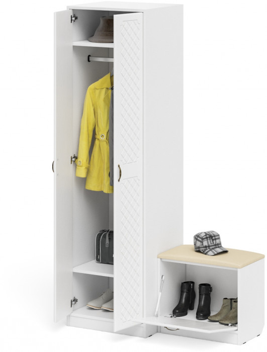 Прихожая П-6 Компоновка № 10, белая шагрень/фасады МДФ белое дерево фрезеровка ромб