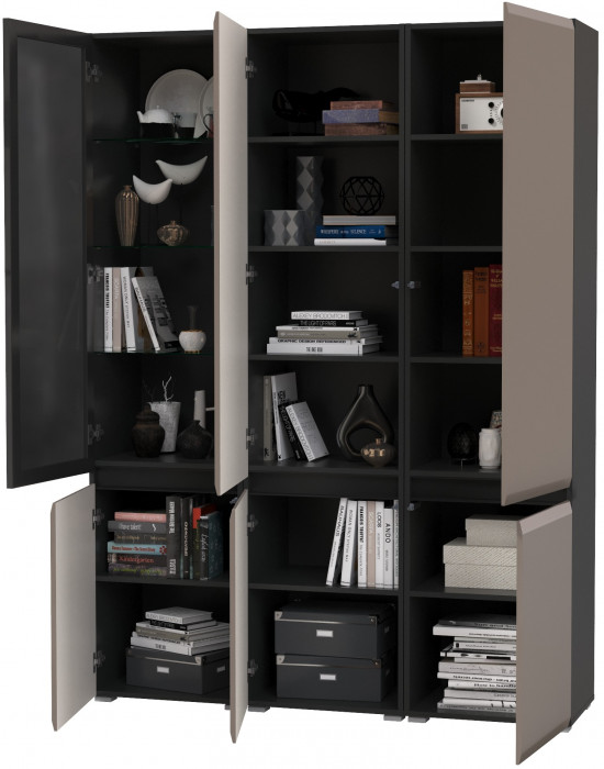 Сидней 13.200 Шкаф 2 штуки + Шкаф-витрина 13.201, корпус: антрацит/фасады: МДФ веллюто капучино/стекло