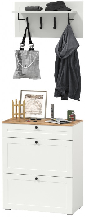 Остин 16.121 Тумба для обуви + 15.12 Вешалка, цвет белый шагрень/дуб крафт золотой, ШхГхВ 80х41,6х210 см.