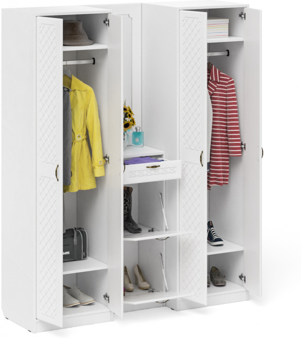 Прихожая П-6 Компоновка № 14, цвет белая шагрень/фасады МДФ белое дерево фрезеровка ромб, ШхГхВ 170х50х210 см., универсальная сборка