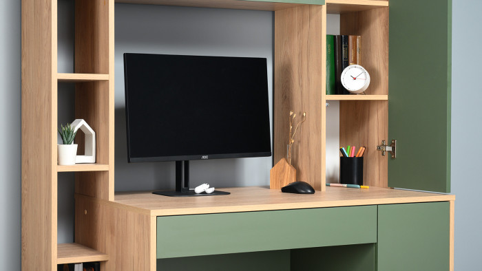 компьютерный стол Комфорт 12.71, гикори рокфорд натуральный/дымчатый зелёный