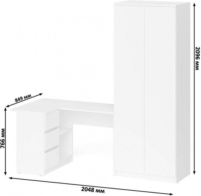 Мори Стол компьютерный МС-16 левый + Шкаф МШ800.1, цвет белый, ШхГхВ 204,8х84,9х209,6 см., выдвижные ящики слева, НЕ универсальная сборка