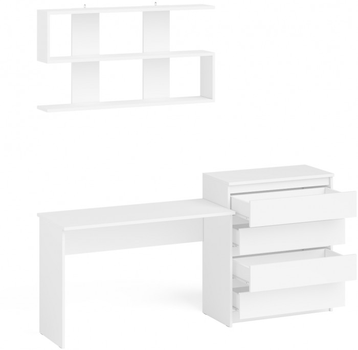 Мори Стол письменный МСП1200.1 + Комод МК800.4 + Полка 1200, цвет белый, ШхГхВ 200,8х50х209,6 см., универсальная сборка