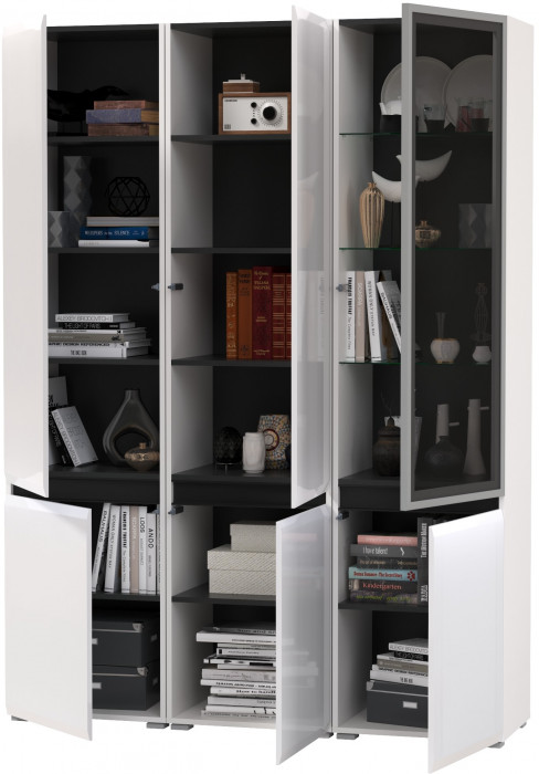 Сидней 13.200 Шкаф 2 штуки + Шкаф-витрина 13.201, корпус: белый/чёрный/фасады: МДФ белый глянец/стекло