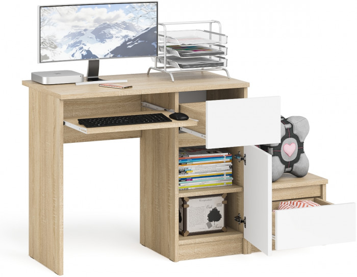 Мори компьютерный стол МС-1 правый + Тумба ТМП400.1, дуб сонома/белый