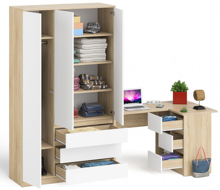 Мори компьютерный стол МС-16 правый + Шкаф МШ1200.1, дуб сонома/белый