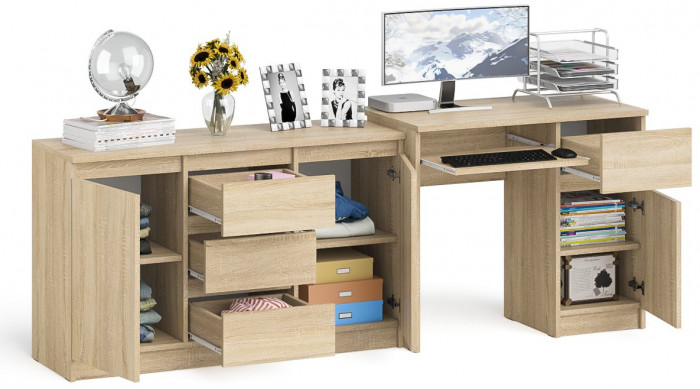 Мори Стол компьютерный МС-1 правый + Комод МК1200.3, цвет дуб сонома, ШхГхВ 210,4х50х76,6 см., выдвижной ящик справа, НЕ универсальная сборка