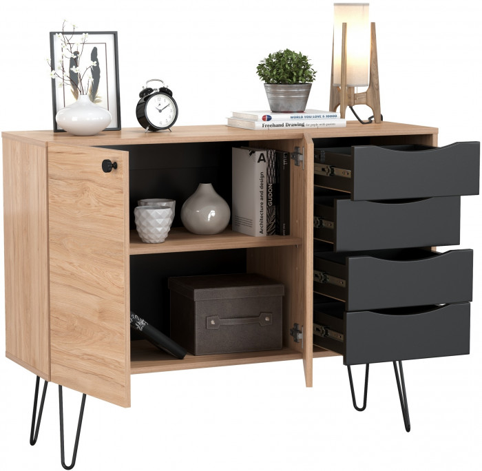 Брюс Комод-тумба 16.233, цвет чёрный/Battle rock Santiago, ШхГхВ 113,4х38,3х85,6 см., универсальная сборка, две дверки и четыре выдвижных ящика