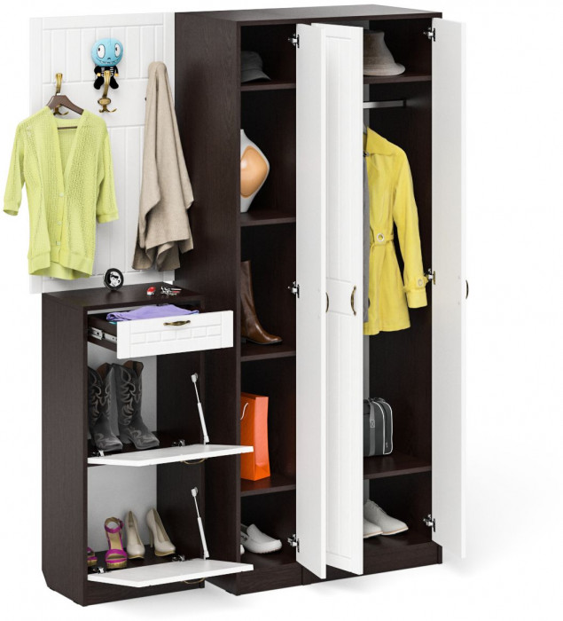 Прихожая П-6 Компоновка № 50, цвет венге/фасады МДФ белое дерево фрезеровка прованс, ШхГхВ 150х50х210 см., универсальная сборка