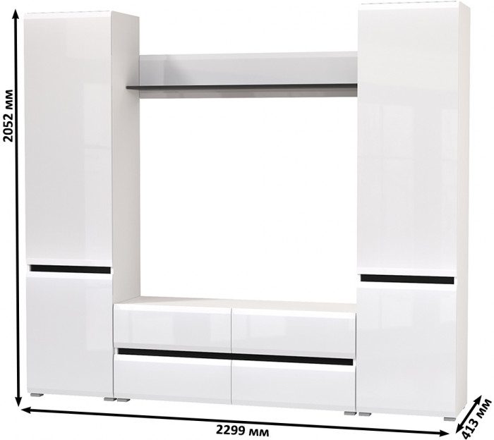 Сидней Комплектация № 047, корпус белый/чёрный/фасады МДФ белый глянец