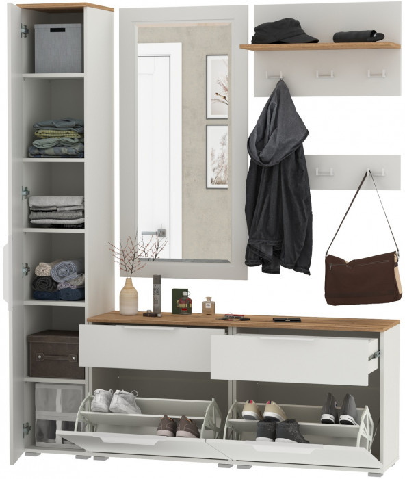 Октава Прихожая 44, белый шагрень/дуб крафт золотой/фасады МДФ белый шагрень