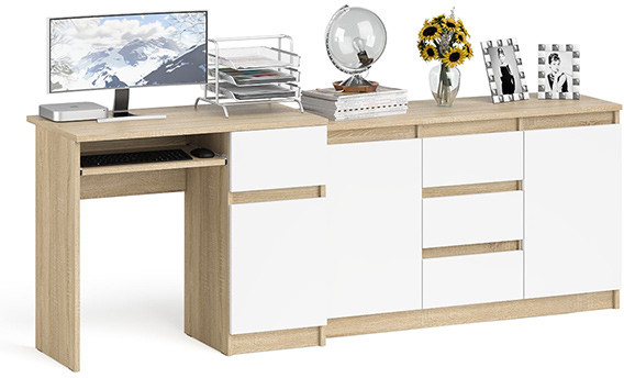 Мори Стол компьютерный МС-1 правый + Комод МК1200.3, цвет дуб сонома/белый, ШхГхВ 210,4х50х76,6 см., выдвижной ящик справа, НЕ универсальная сборка