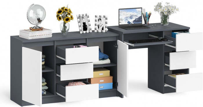 Мори Стол компьютерный МС-6 правый + Комод МК1200.3, цвет графит/белый, ШхГхВ 210,4х50х76,6 см., выдвижные ящики справа, НЕ универсальная сборка