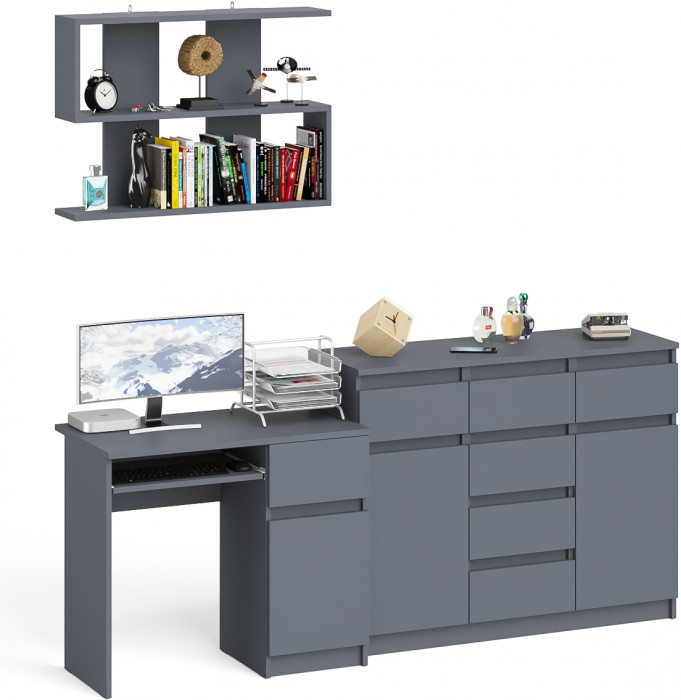 Мори Стол компьютерный МС-1 правый + Комод МК1200.4 + Полка 900, цвет графит, ШхГхВ 210,4х50х209,6 см., НЕ универсальная сборка