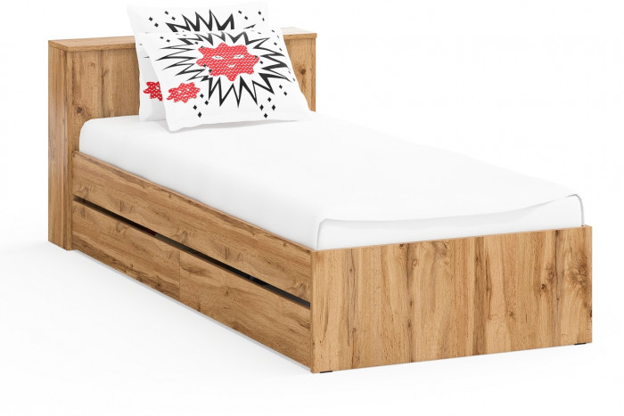 Ксения Кровать с ящиками 0900, цвет дуб вотан, ШхГхВ 96,4х221,6х72 см., сп.м. 900х2000 мм., без матраса, основание есть, универсальная сборка