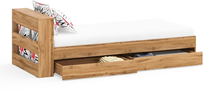 Ксения Кровать с ящиками 0900, цвет дуб вотан, ШхГхВ 96,4х221,6х72 см., сп.м. 900х2000 мм., без матраса, основание есть, универсальная сборка