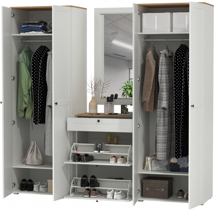 Остин Прихожая 28, цвет белый шагрень/дуб крафт золотой, ШхГхВ 240х54,3х229,6 см., универсальная сборка