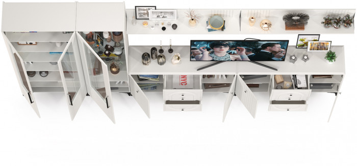 Валенсия Гостиная № 124, цвет ЛДСП белый шагрень/МДФ белый шагрень, ШхГхВ 405,4х38,4х225,2 см., универсальная сборка