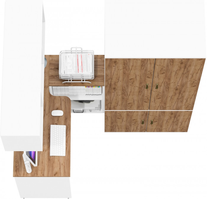 Лидер-8 Стол + Полка + Шкаф МД 19Б, белый шагрень/крафт золото
